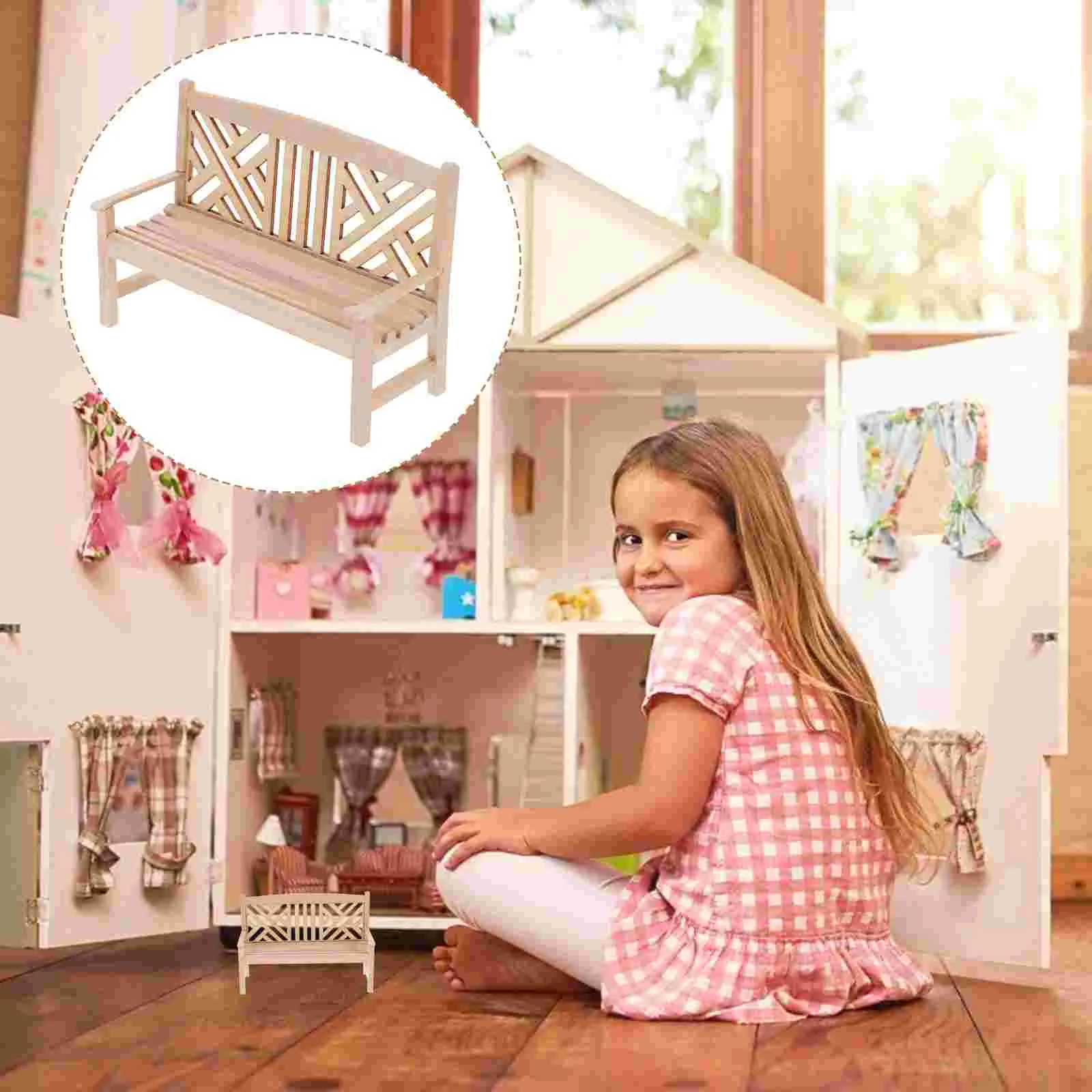 

Dollhouse Bench 1: 12 Scale Double Chair Wooden Desk Mini Scene Furniture Model