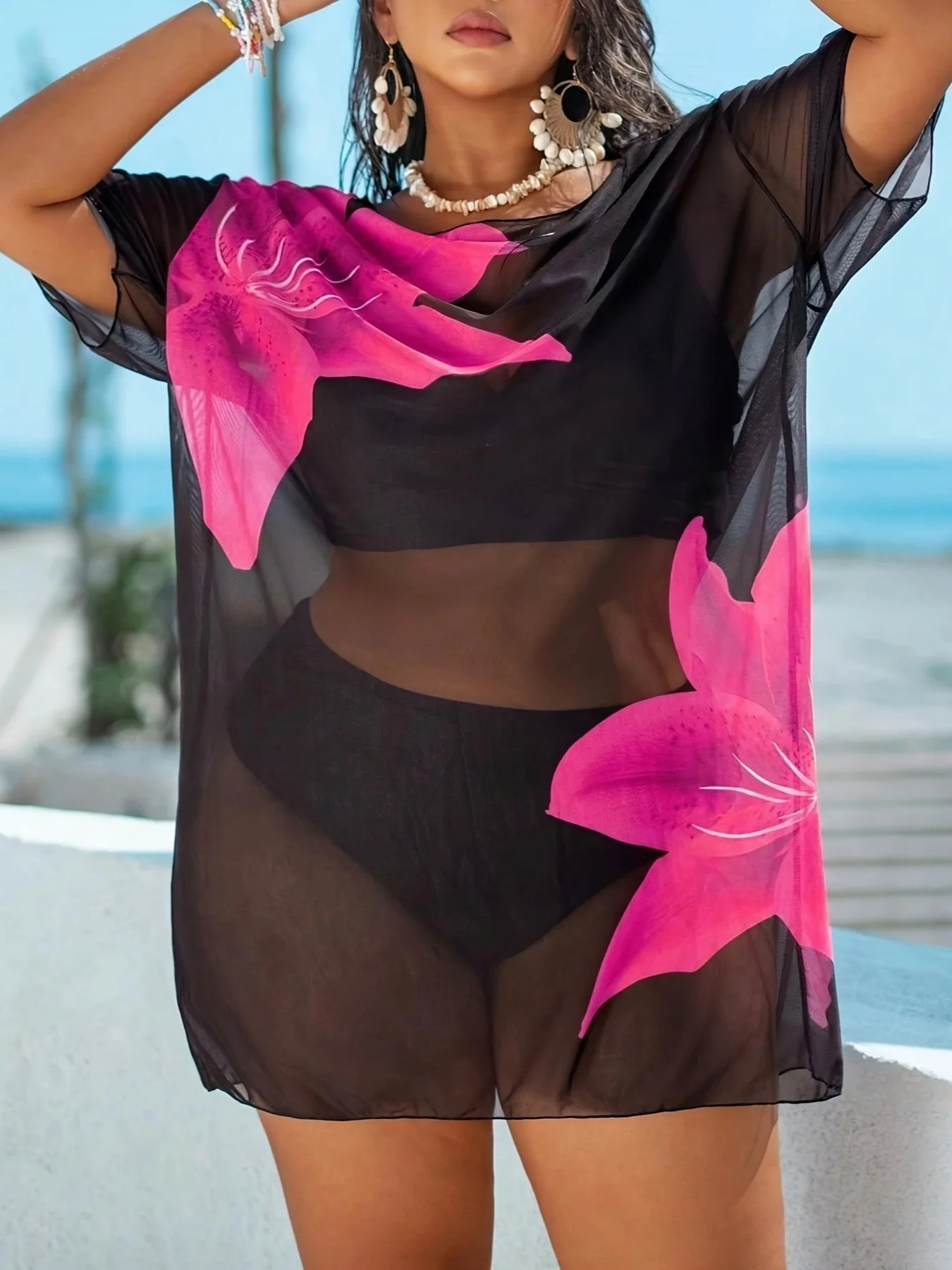 MOXDO Plus-Size Cover-Up Dress: Fashionable, Casual, Beach Vacation Style with Floral Print—Perfect for the Beach, Pool, 1
