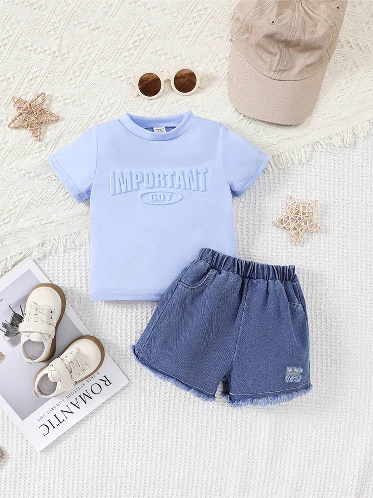 New Baby Boy Clothes Set Children's Summer Breathe Blue Round Neck T-shirt Fashion Raw Edge Denim Shorts Kid Casual Clothes