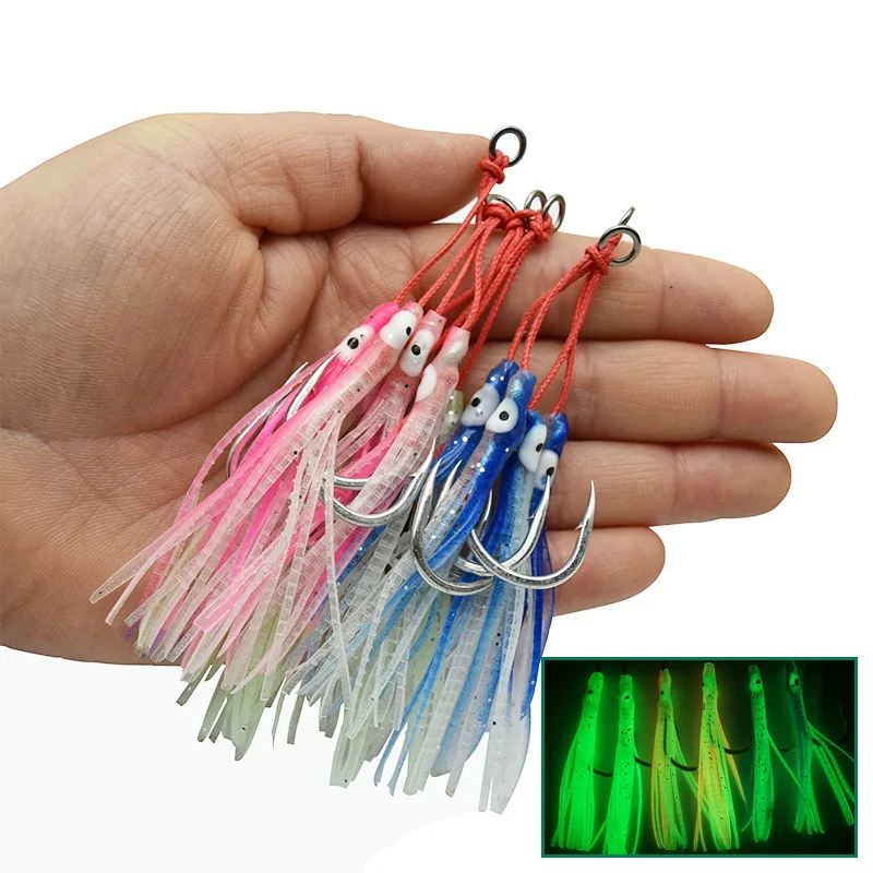 5 Paar Jig Tail Assist Haken aus Metall 10–20 # Mit PE Line Feather Solid Ring Jigging Angelhaken für 20–150 g Köder-Angelhaken – Detail 4