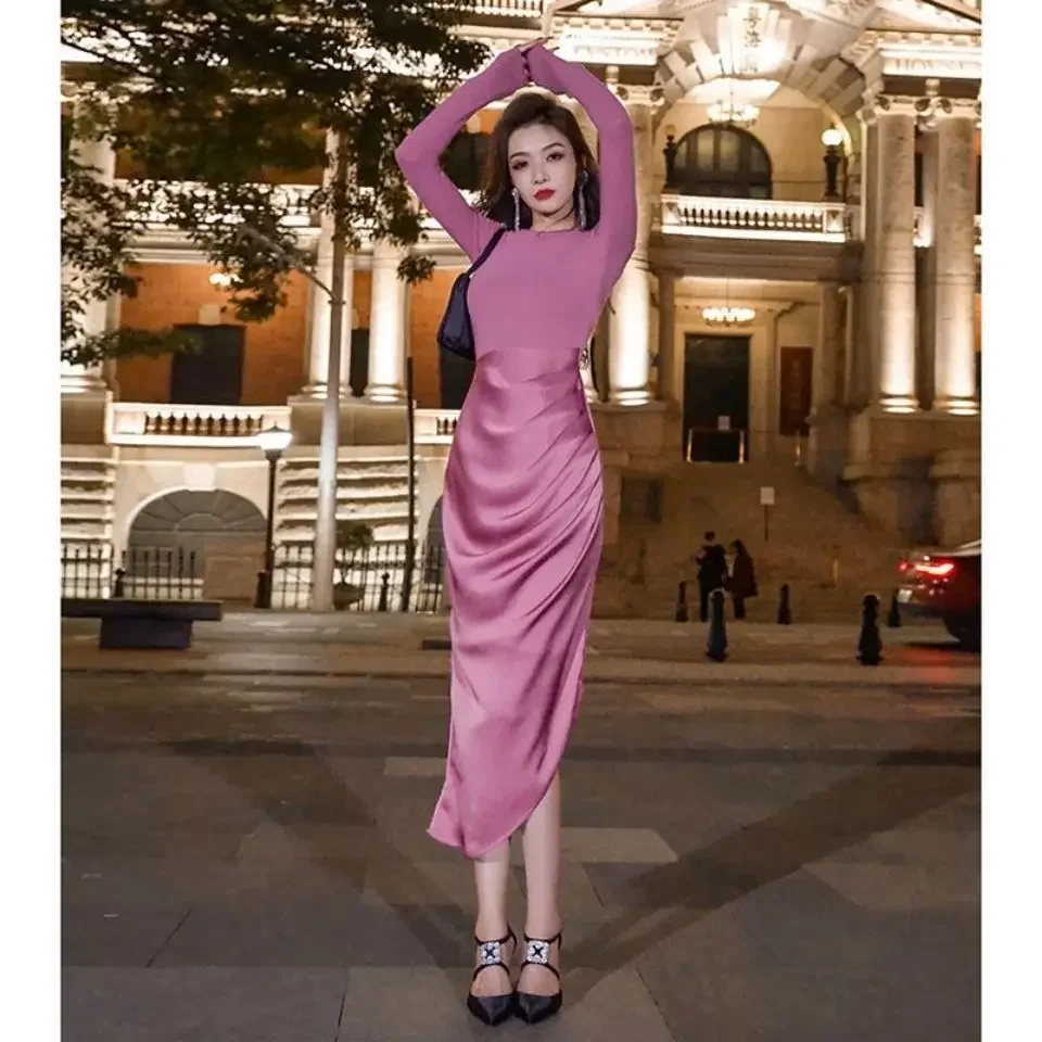 

Design Sense Korean Version of The Waist New Dress Slim Body Cover The Flesh In The Long Section Fake Two-piece Women's Dress