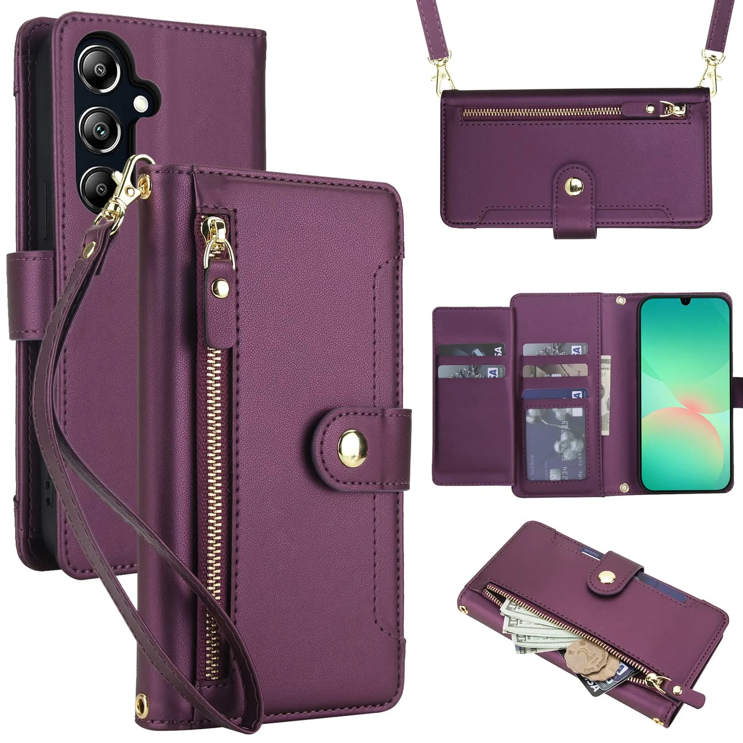 Flip Wallet Case for Samsung Galaxy A05/A06/A15/A16/A25/A26/A32/A36/A42/A53/A56/A71/A73, Zipper Pocket Cover with Card Holder