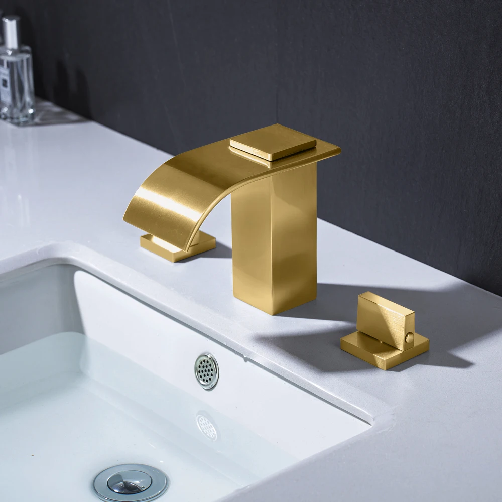 

Brushed Gold Bathroom Faucet waterfall Widespread Deck Mounted Hot and Cold Water MixerTap Dual Holder Three holes Basin faucet