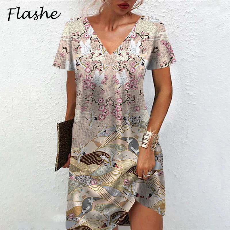 

Summer Women Dress Boho V Neck Short Sleeve Mini Dress Women Elegant Vintage Print Casual Holiday Dress