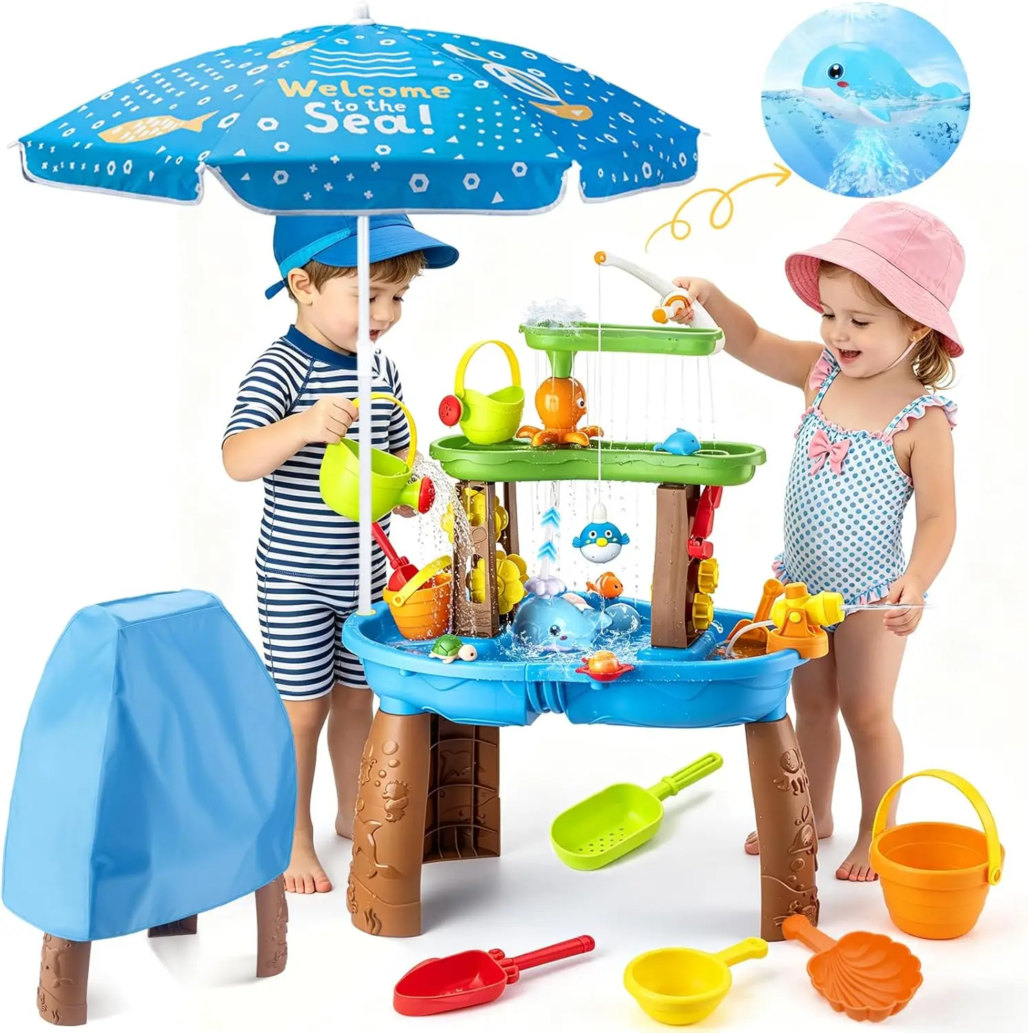 2026 Toddler Water Table with Umbrella & Fishing Game, Outdoor Toy with Auto Electric Pump, Sensory Playset for 3-8 Year Old Boys Girls