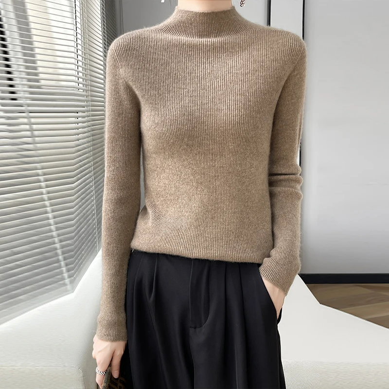 

Autumn and winter new 100% merino sweater women's semi-turtleneck knitted long-sleeved high-end fashion slim warm sweater.