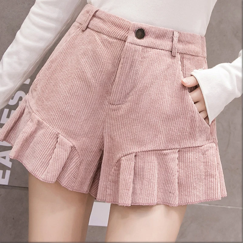 

2023 модные юбки с высокой талией, шорты, женские осенне-зимние вельветовые милые шорты с оборками, женские свободные шорты с широкими штанинами