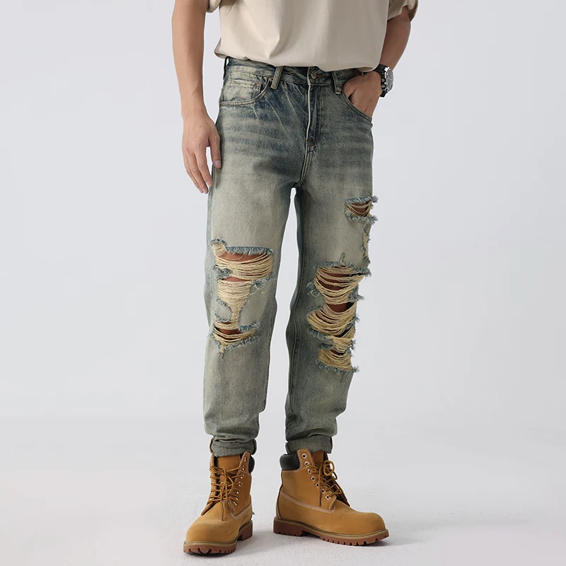 2024 Summer new retro casual fashion men's jeans high street biker hole washed hip-hop loose straight pants male models