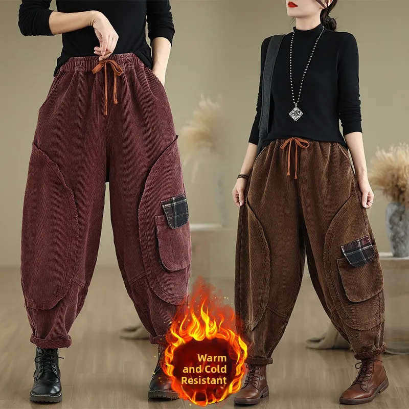 Retro Corduroy Harlan Pants Women's Autumn Winter New Loose plus Size Slimming Versatile Fce Lined Thiened Cross Pants