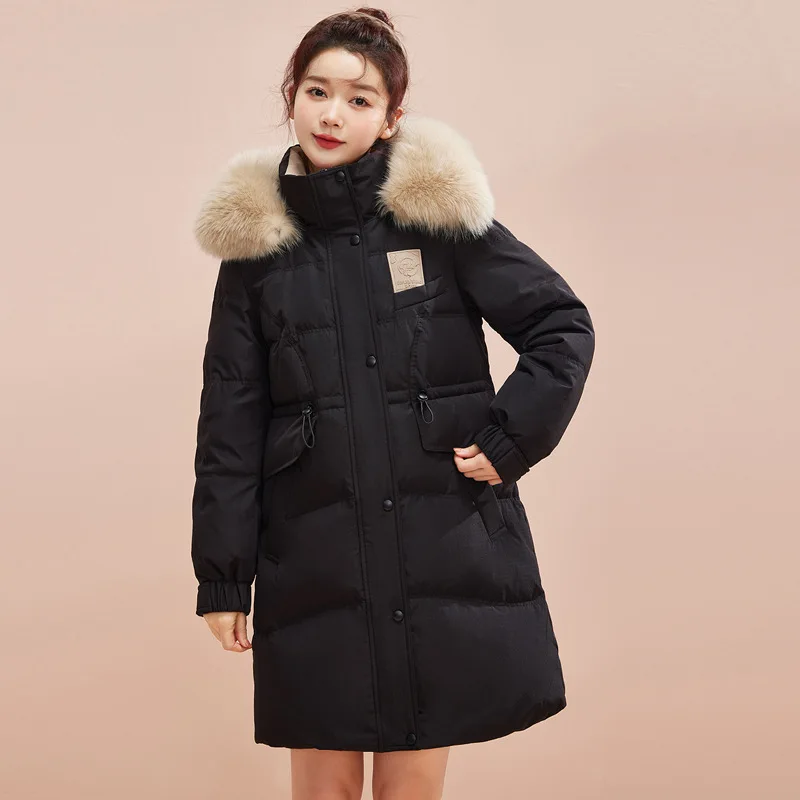 Abrigo de invierno para mujer, chaqueta acolchada con cordón en la cintura, ropa de abrigo coreana dulce, chaqueta de plumón de nieve gruesa y cálida con cuello de piel grande