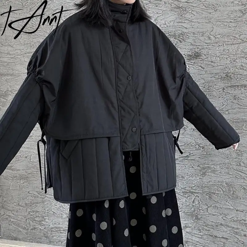 

Tannt Women Parka Jacket Asymmetry Fake Two Black Bandages Warm Parka Coats Irregular Vintage Fashion Coats Jacket Women 2023