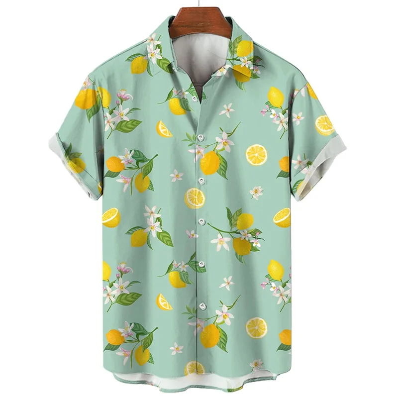 thumbnail image 1 of Camisa hawaiana con estampado de frutas y plátanos para hombre, camisas hawaianas con estampado 3D de limón y naranja, blusas casuales de calle con solapa, blusa holgada de manga corta, 1 of 5