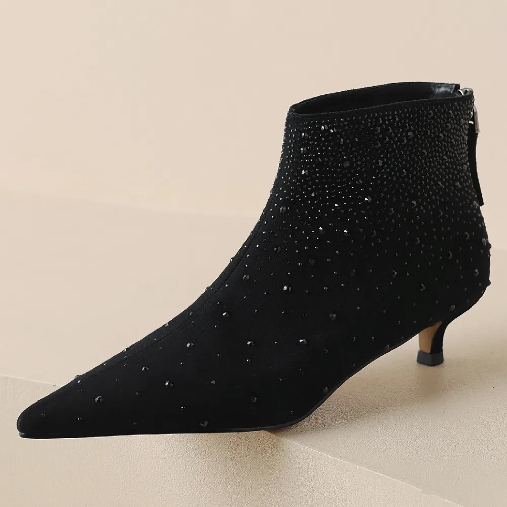

Elegant ladies kitten heel evening ankle boots crystal decoration back zip female short booties natural suede leather shoes sale