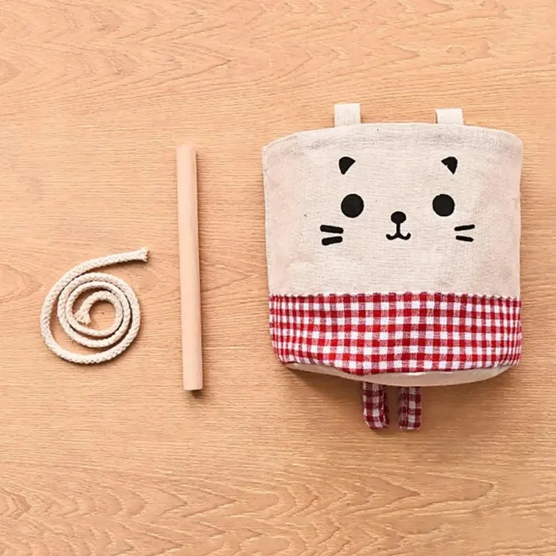 Home Kitchen Door Wall Hanging Organizer Pocket Bag Sundries Storage Holder Cat Decor Cotton Flax Wall Pouch with Lanyard