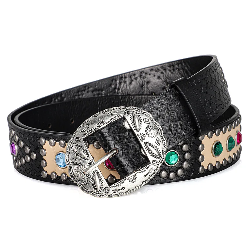 Women's Fashion Vintage Carved Buckle Sparkling Belt Western Denim Shiny Rivet Designer Rhinestone Accessory Belts，For Men Women