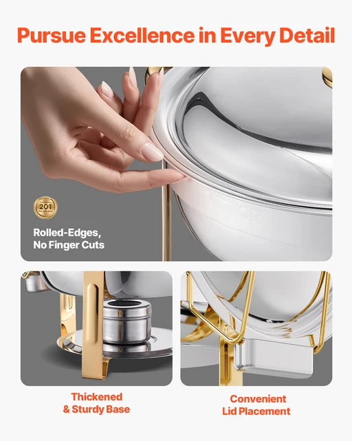 VEVOR Scaldavivande per Buffet con 4 Padelle, Distributore di Calore Rotondo per Ristorazione con Coperchio, Porta Carburante e Vaschetta per l'Acqua per Matrimoni, Feste, Dorato 4,7 L 4