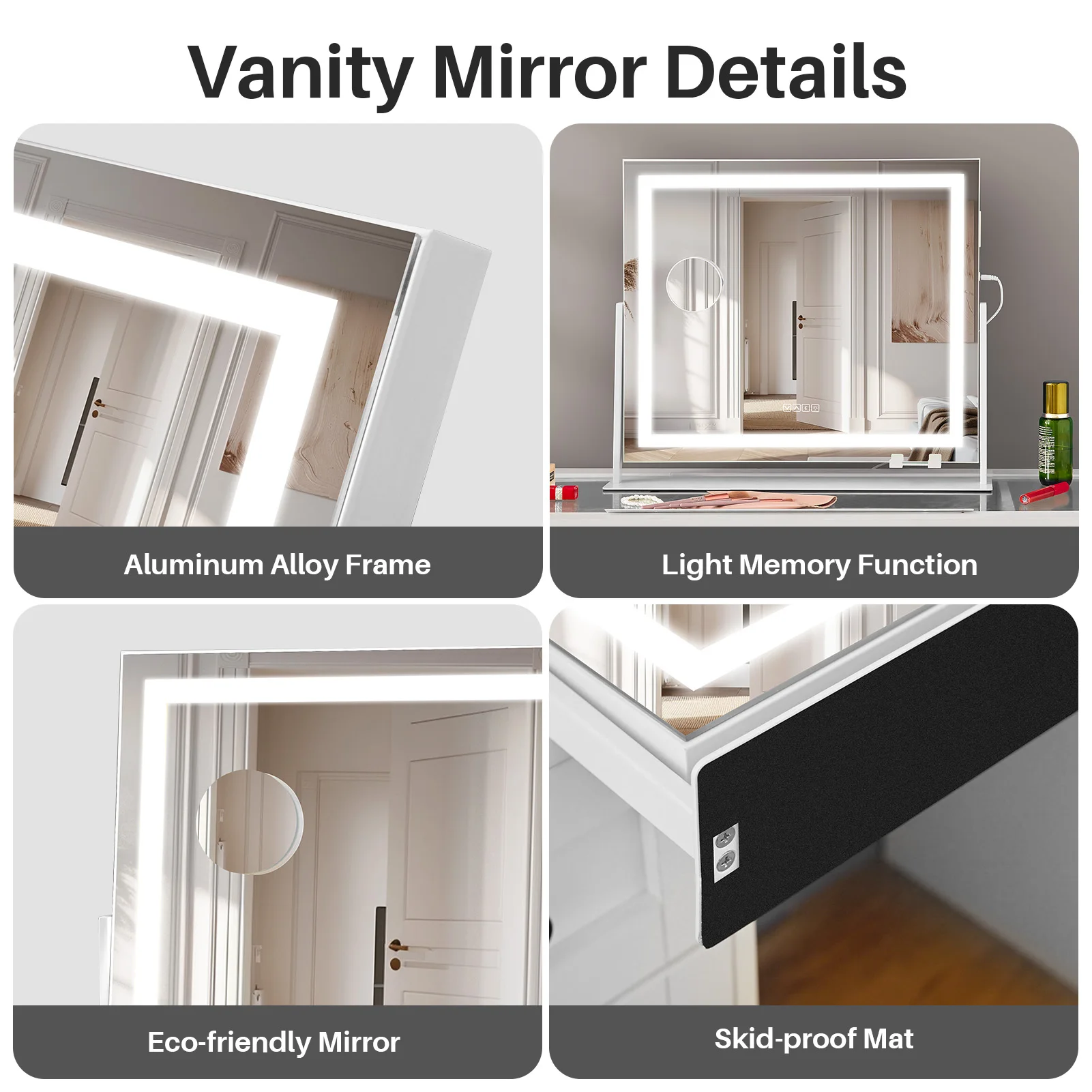 Redlife Vanity Mirror w/ LED Light Strip 22"x19" Makeup Mirror w/ Dimmable Control 10X Magnification USB Phone Holder 2 Speakers 6