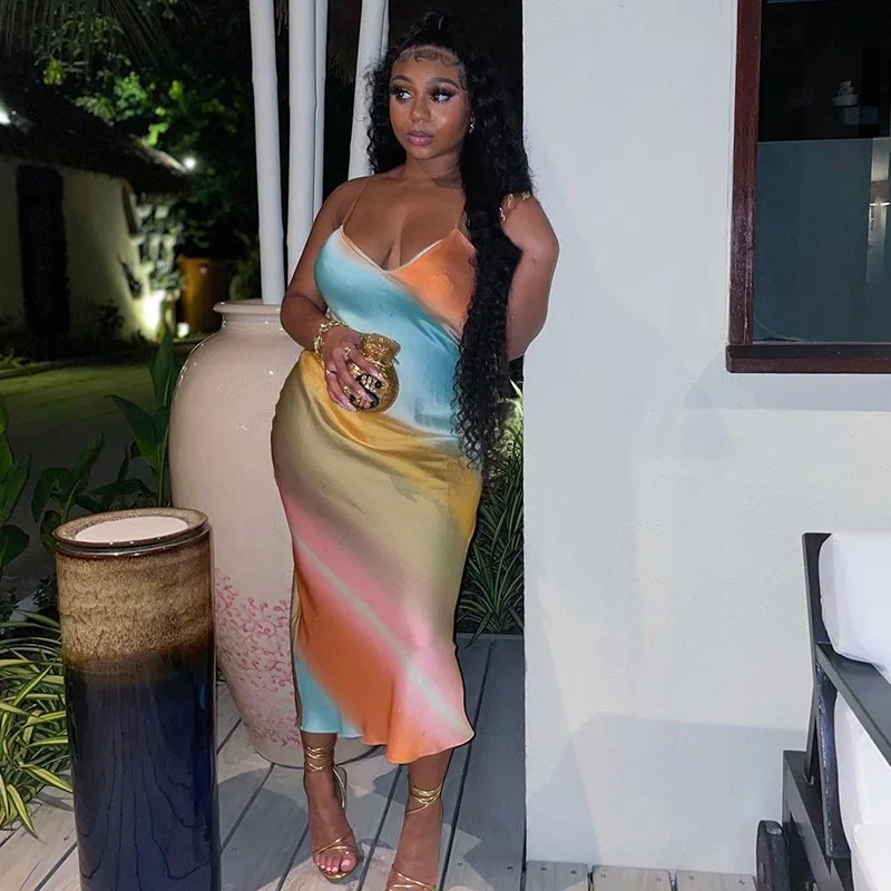 

Women's Dress 2023 Summer New Style Temperament Sexy Long Skirt V-neck Backless Rainbow Contrast Print Slip Dress Women
