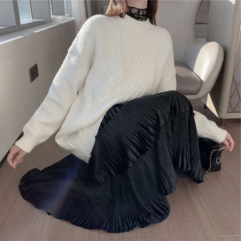 임산부 레저 미디 스커트, 하이 웨이스트, 임산부 배꼽 스커트, 긴 슬림 임신 플리츠 스커트, 2024 용수철 패션