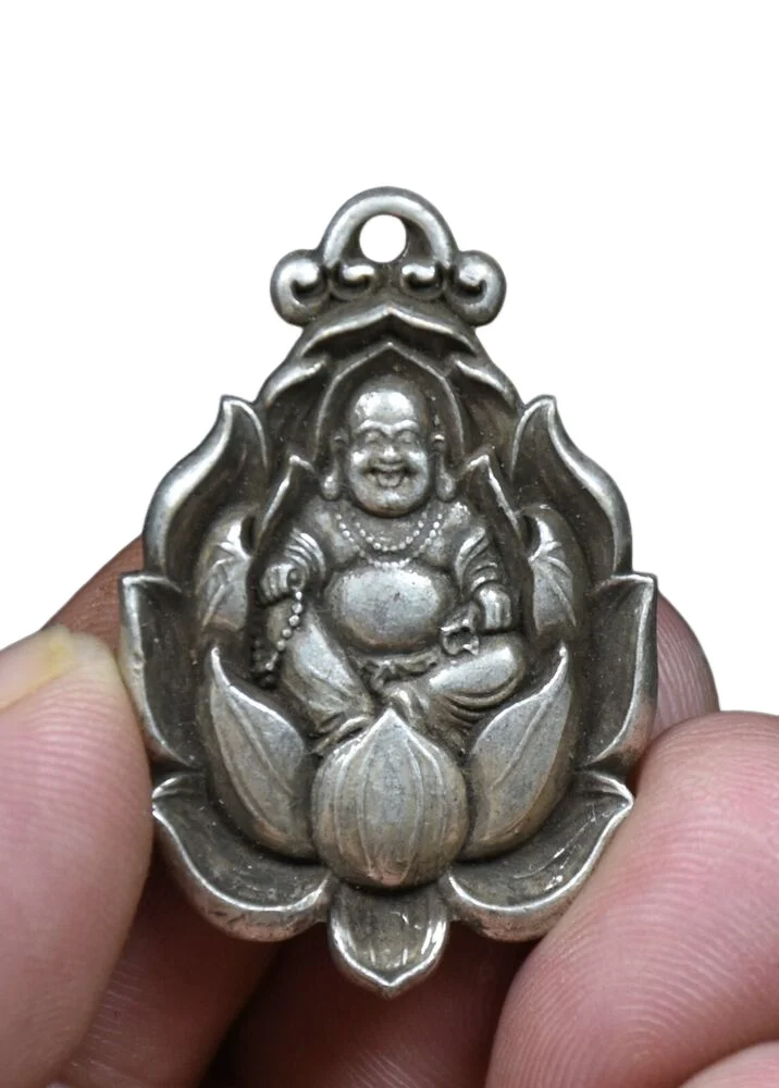 3.9Cm Old China Miao Silver Buddismo Happy Maitreya Amuleto Ciondolo