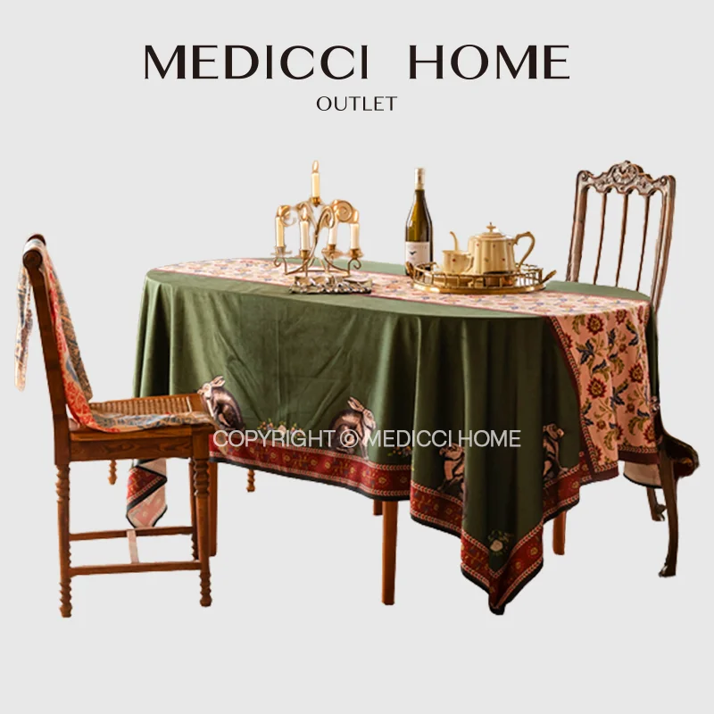 Medicci Home GG Style Inspired Velvet Tablecloth Italy Retro Green Rabbit Print Luxury Rectangle Table Cloth Cover Oval Overlay