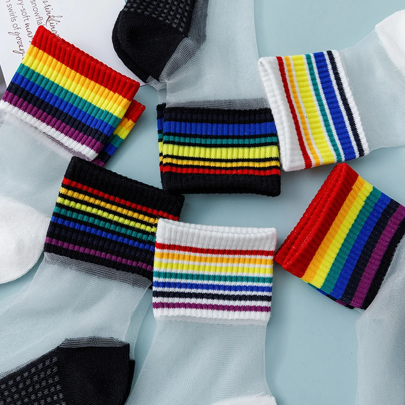 

Pure Cotton June Pride Rainbow Pattern Lightweight Crystal Socks soft & Breathable Summer Glass Fiber Socks