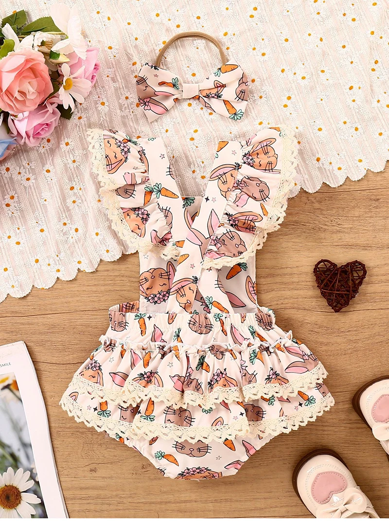 Ircomll Baby-Neugeborenen-Artikel, Osterkostüm, niedlicher Cartoon-Häschen-Aufdruck, ärmelloser Strampler + Stirnband-Body für Kleinkinder-Mädchen-Outfit – Detail 12