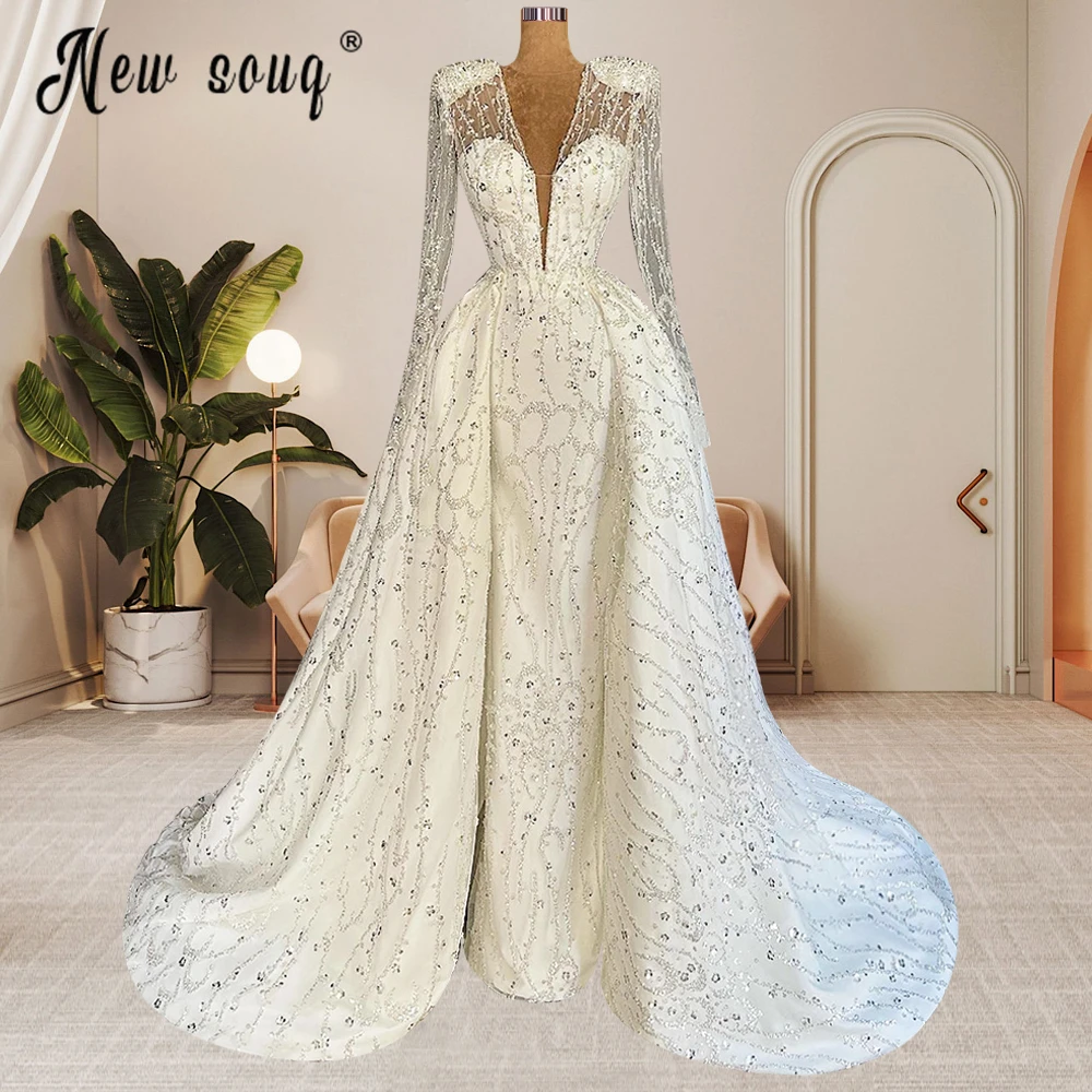 

Dubai V Neck Shoulder Pad Luxury Wedding Dress With Detachable Train Crystals Middle East Bridal Gowns Elegant Vestido De Noiva