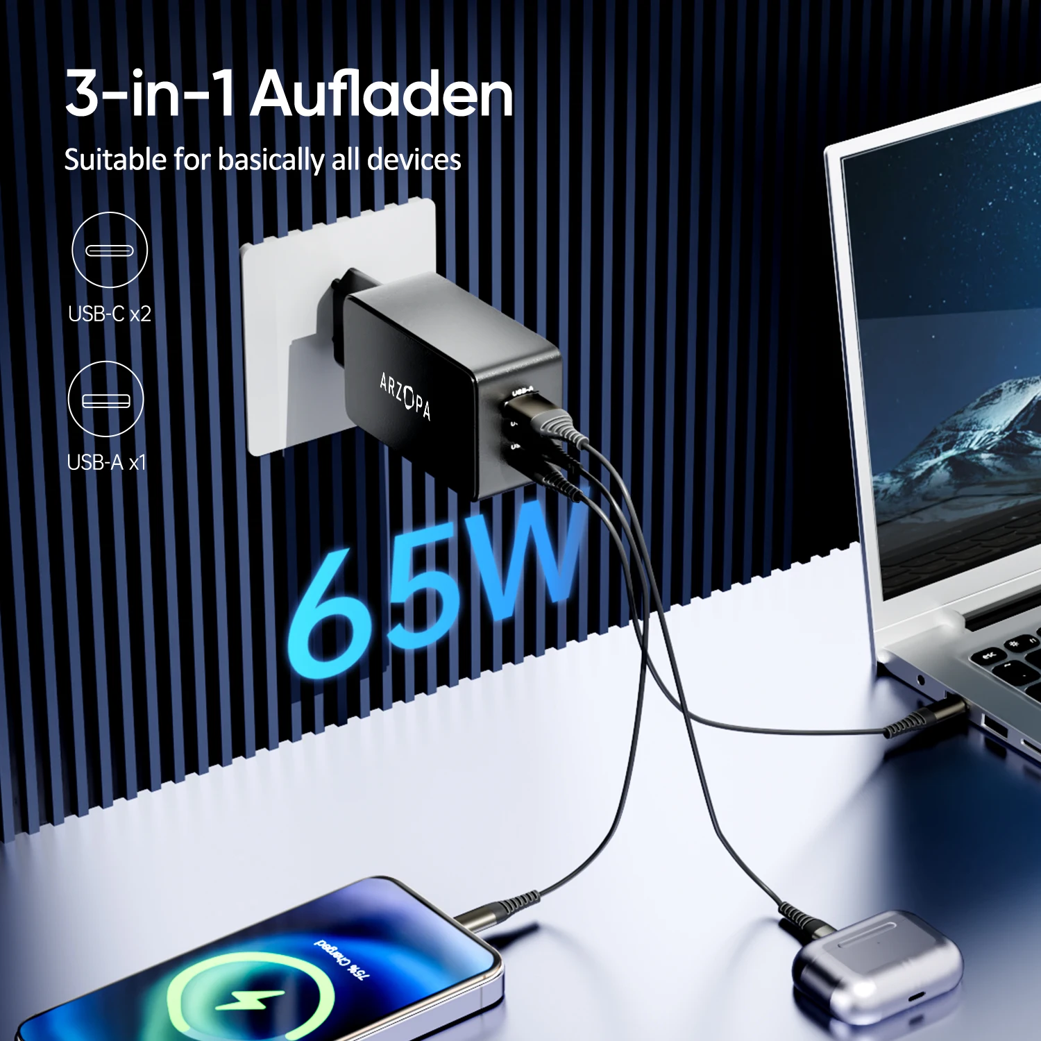 ARZOPA USB C Charger 65 W USB-C Power Supply GaN Charger 3-Port Fast PPS Multiple
