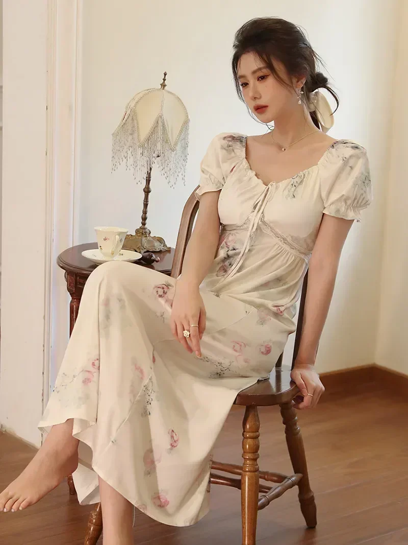 

Домашняя одежда, пижама, летние короткие ночные рубашки с рукавами на шнуровке и V-образным вырезом для принцессы, ночные рубашки, женские шелковые ночные рубашки с открытой спиной и сказочным принтом