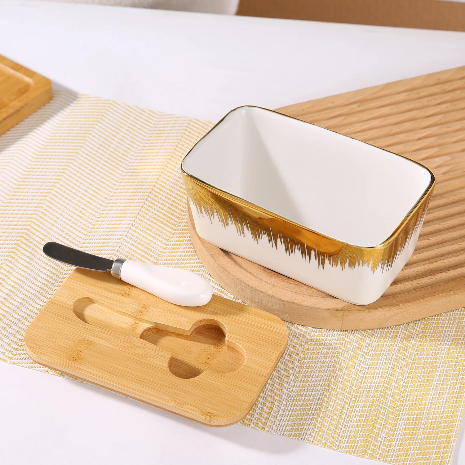 gold edged Ceramic Butter Dish With Bamboo Lid And Knife Large Butter Keeper Container For Counter Airtight Butter Holder