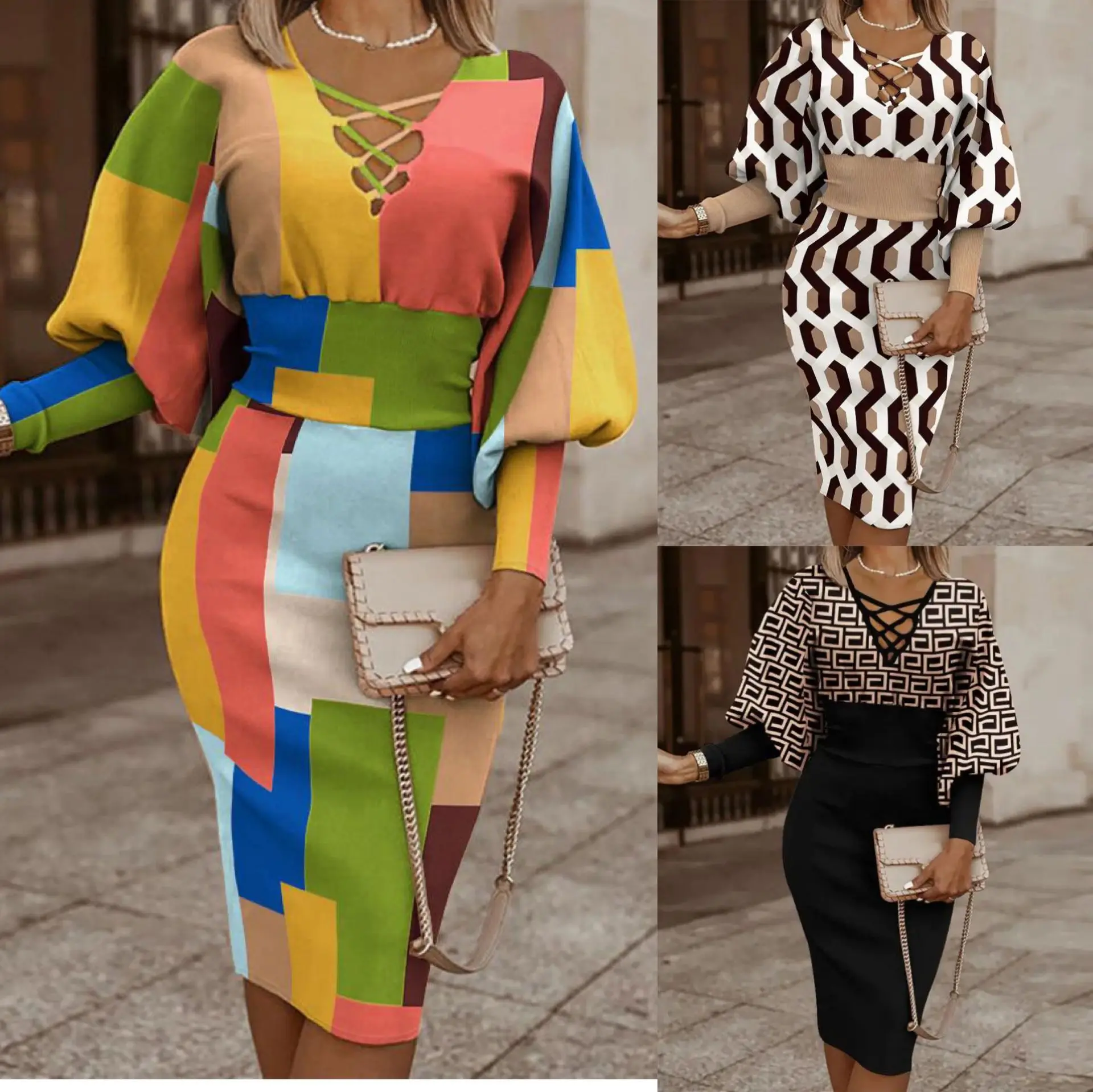 

Женское повседневное платье, элегантное женское клетчатое облегающее платье средней длины с V-образным вырезом и длинным рукавом-фонариком, сексуальное женское платье в стиле фонарик, платья