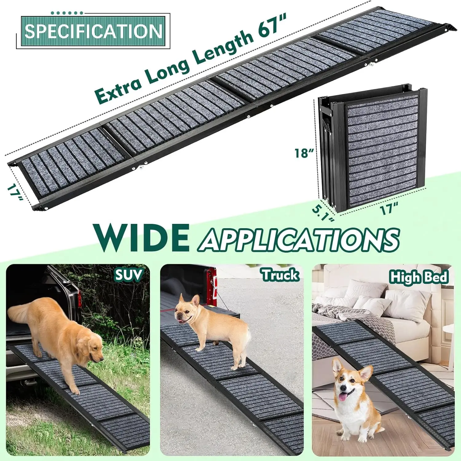 67" Foldable Dog Ramps Large Dogs, Dog Car Ramp with Non-Slip Rug Surface, Pet Ramp Stairs Portable, Lightweight Steps