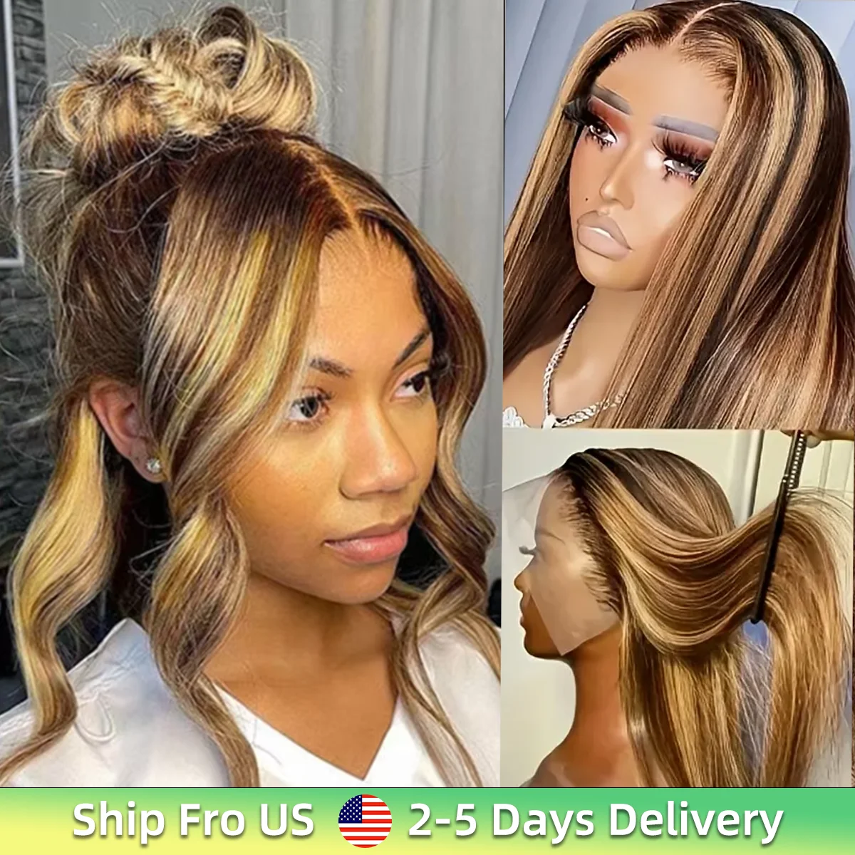 220 Density 360 Full HD Lace Highlight Wig Human Hair 4/27 Bone Straight Lace Frontal Wigs 13x6 Brown Ombre Remy Pre Plucked Wig
