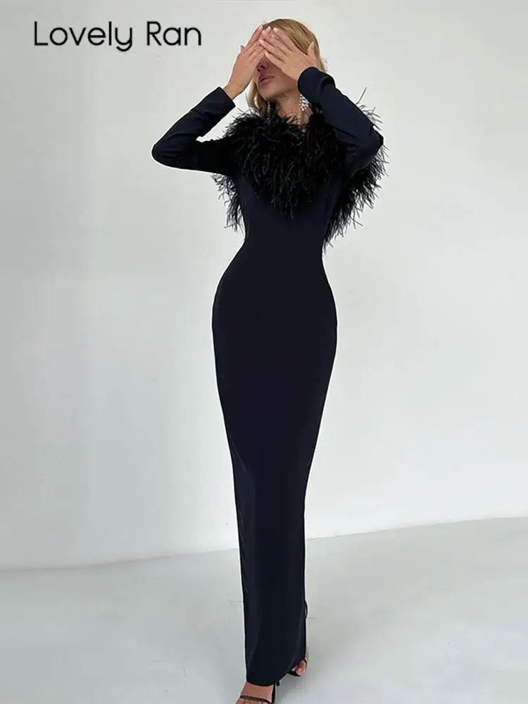 

Fashion Fur Collar Long Sleeves Maxi Dress Sexy Solid Backless Lace Up Winter Vestidos Elegant Party Evening High Street Outfits