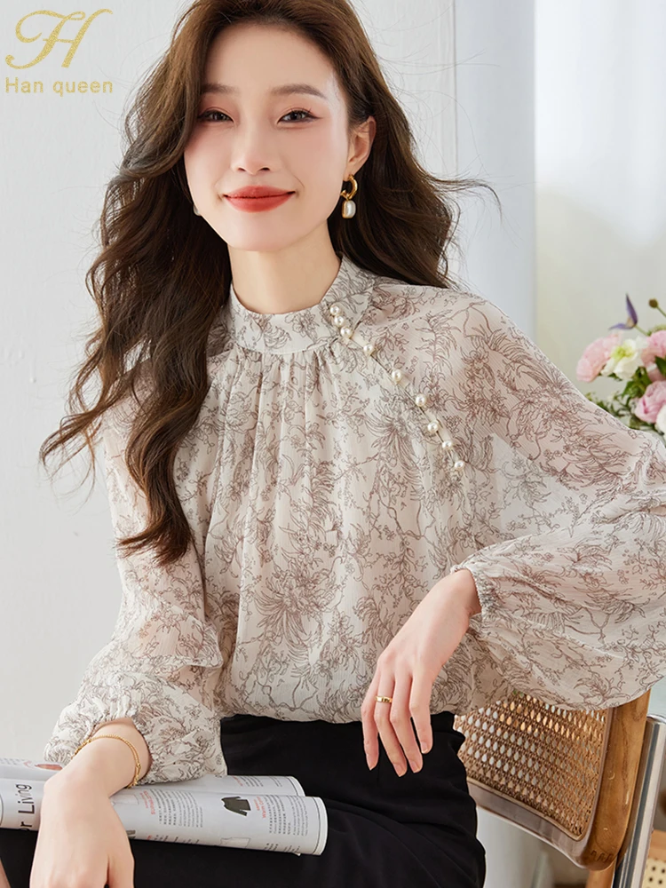 

H Han Queen 2023 Autumn Tops Female Blouses Fashion Nail Beads Print Simple Shirt Korean Casual Blouse Occupation Women Blusas