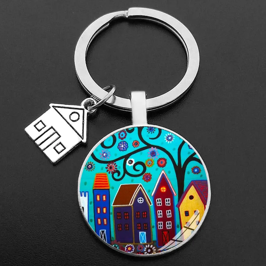 Key Rings Key To The New House Kechain Beautiful House Under The Starry Sky Key Ring Personality Jewelry Gift Holder for New Home