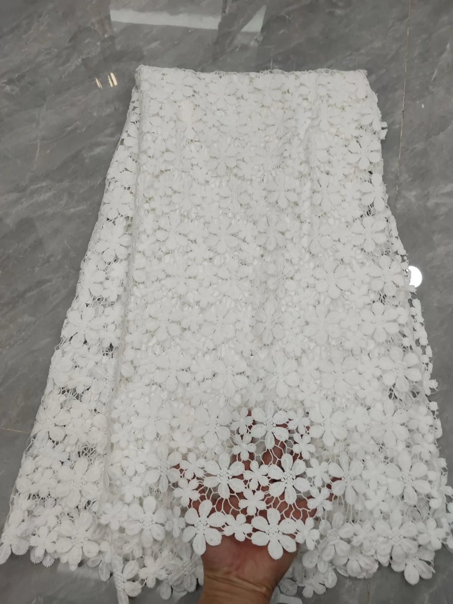 

2024 White African Guipure Cord Lace Fabric High Quality Water Soluble Nigerian Milk Silk Lace Fabric For Party Dress KJFT2401