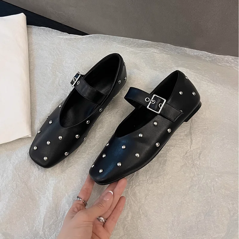 2025 Women Flats Fashion Crystal Buckle Strap Shoes Woman Genuine Leather Square Toe Mary Janes Spring Summer Flats Size 34-43 3