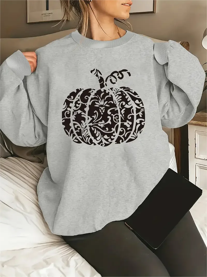 Women's Halloween Pumpkin Print Long Sleeve Round Neck Pullover Top, Casual Plus Size Sweatshirt