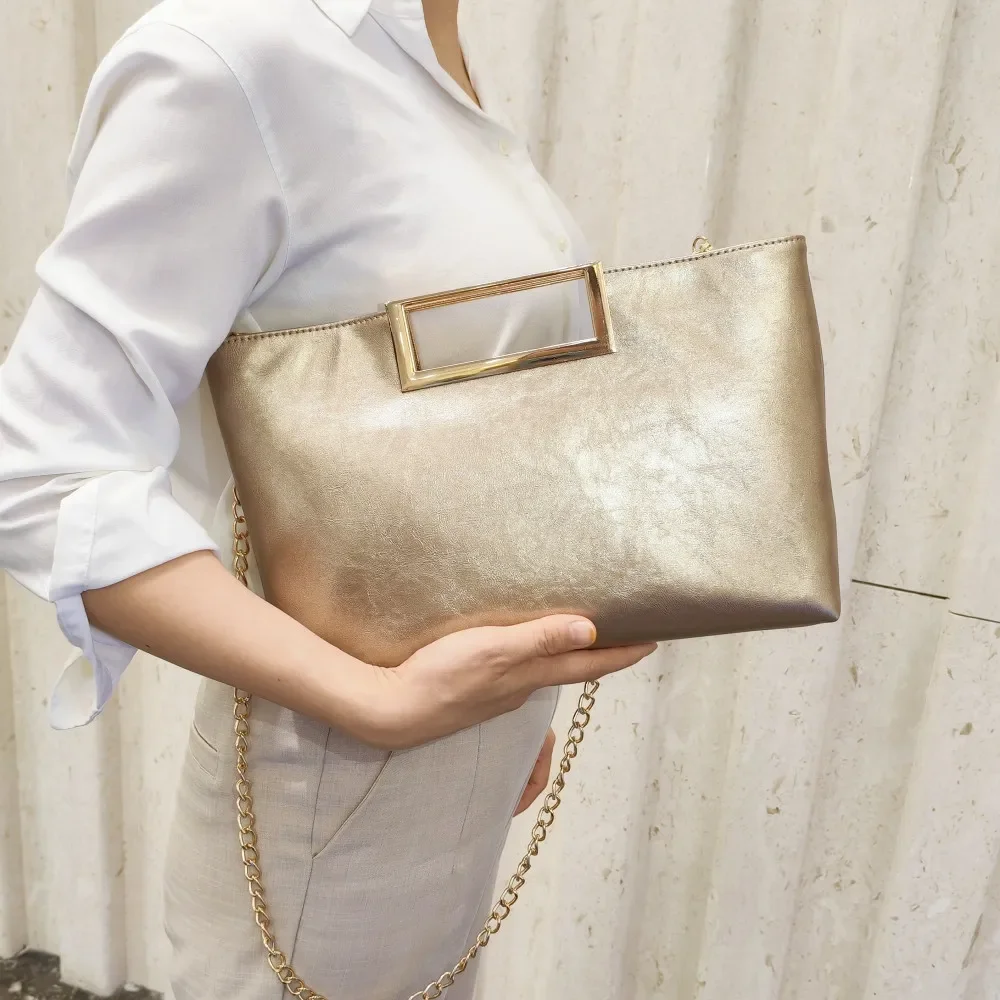 حقيبة كتف نسائية أنيقة من الجلد بتصميم سلسلة، حقائ...