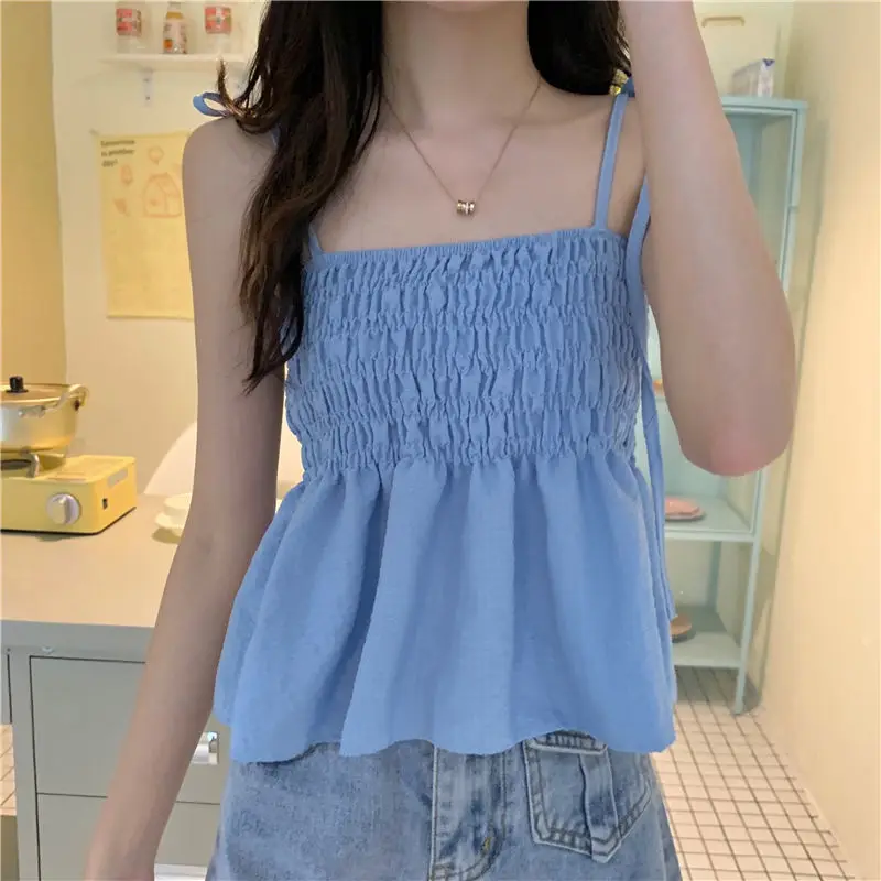 

Pleated Camisole Women Summer Crop Tank Top Woman Sexy Tee Shirt Femme Short Cute Bandage Tanks Camis Skinny T-shirt Clothes