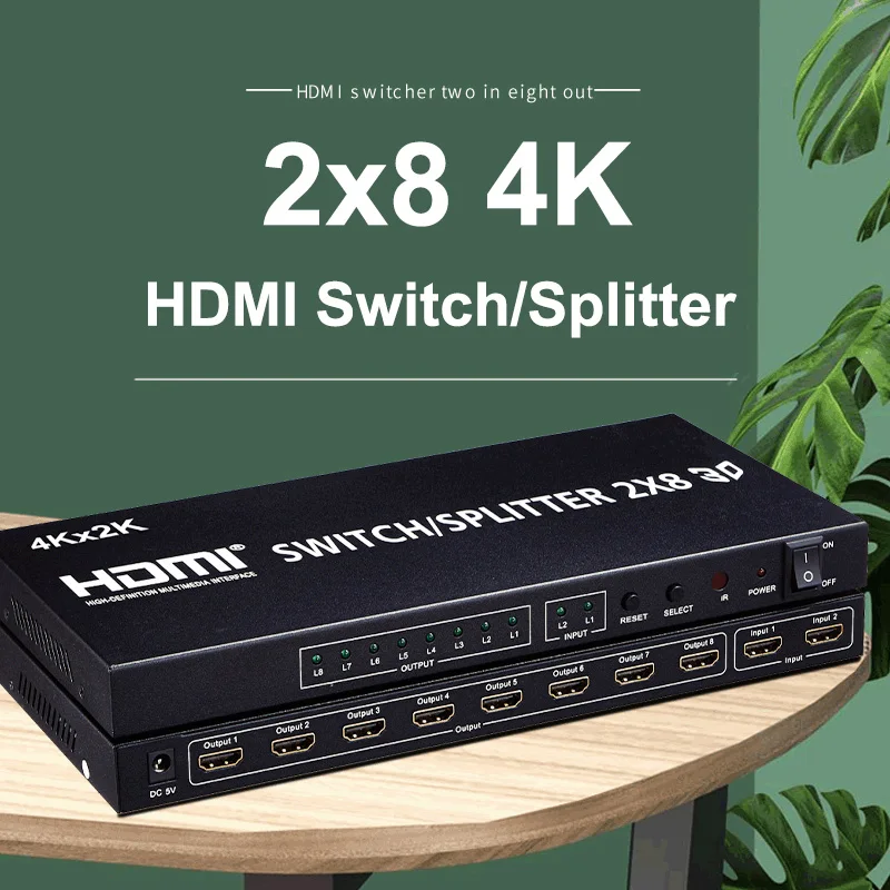 

4K 3D HDMI Switch Box Selector 2x8 2 In 8 Out HDMI Splitter 1 to 8 Monitor Screen Display for PS4 PS5 Xbox DVD PC TV Projector