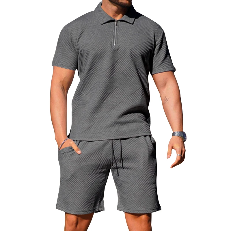 Summer High-quality Men's Suit Texture Jacquard Craft Casual Sports Suit Slim Polo Shirt Shorts Two-piece Men's Clothing