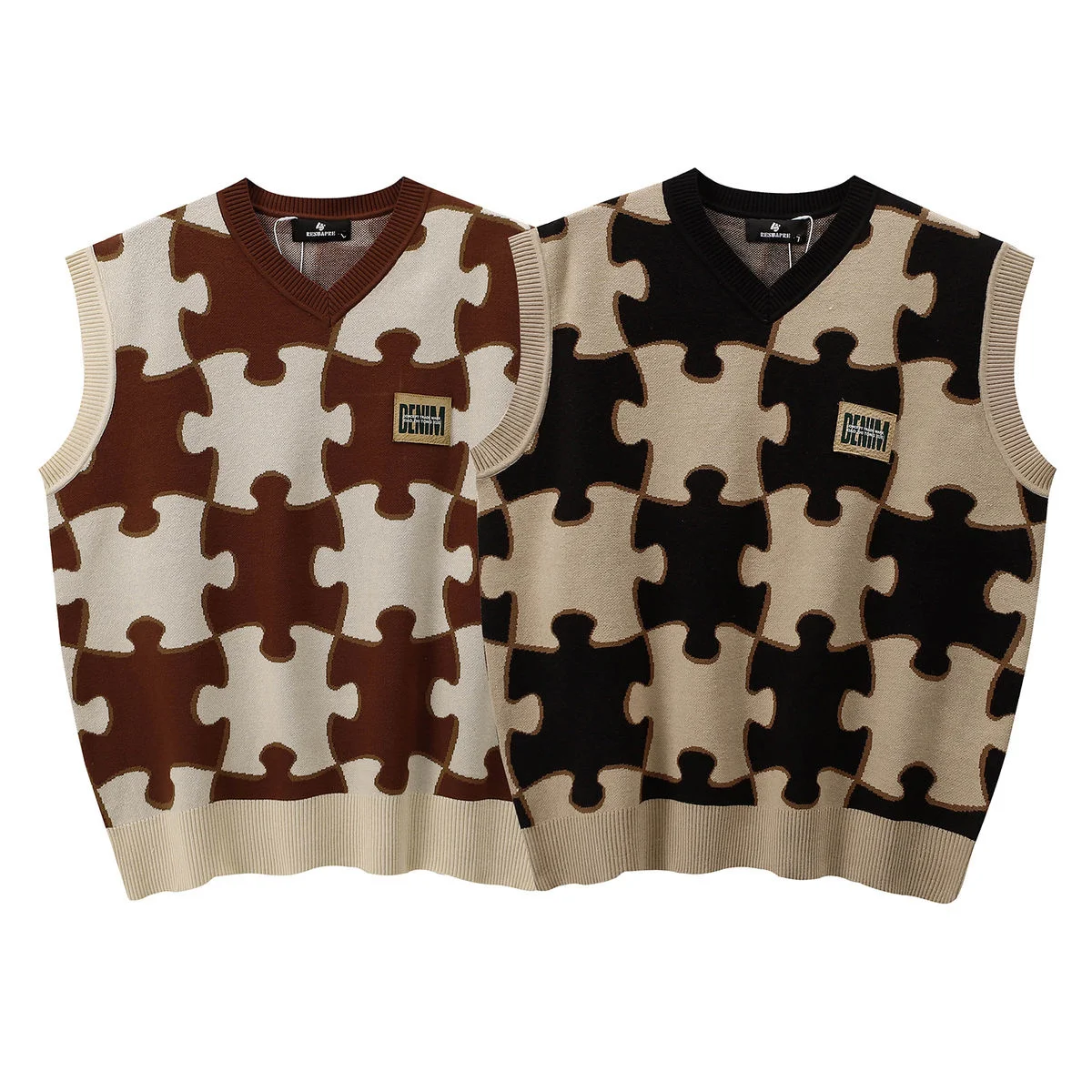 Jigsaw Plaid Pattern Patchwork Sweater 