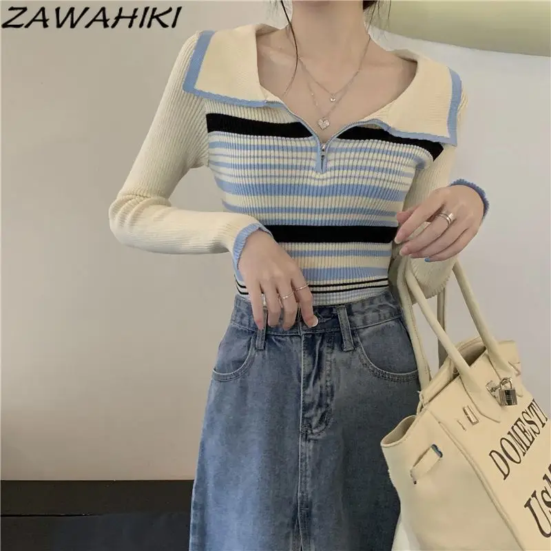 

Shirt for Women Korean Fashion Chic Designed Fall Winter Slim Contrast Color Striped Knitted Turn-down Collar Crop Top Mujer