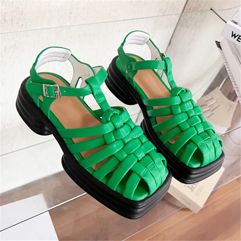 

Green Knitted Women Gladiator Sandals Hollow Out Thick Sole Platform Shoes Woman Square Toe Female Casual Beach Sandal Creepers