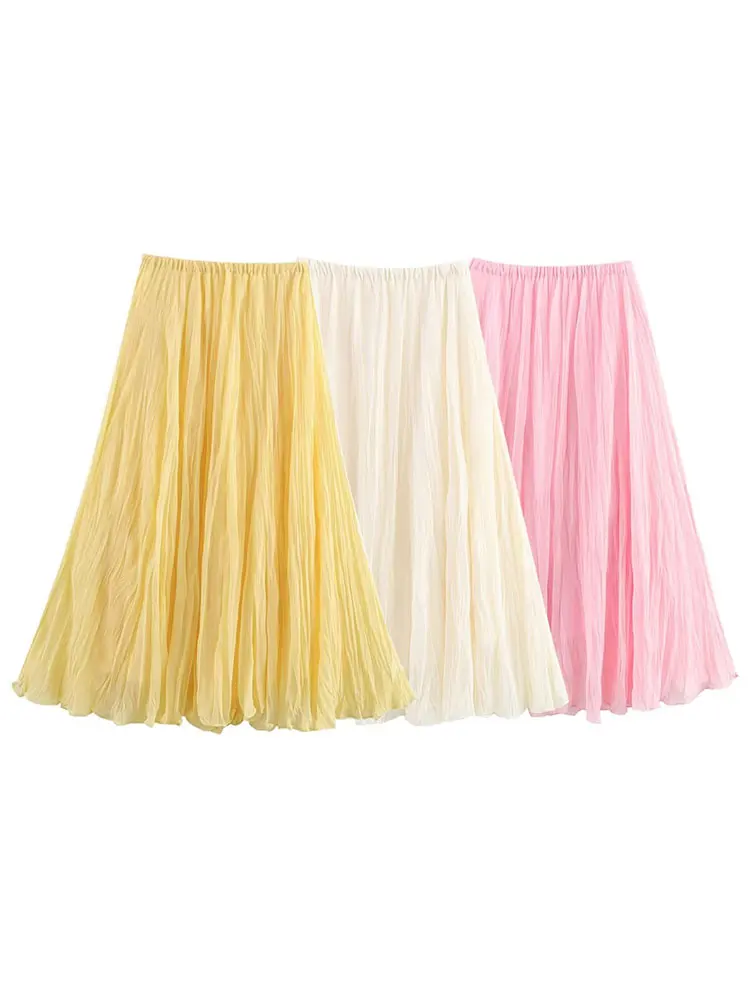 HH Women Fashion Solid Pleated Midi Skirt High Waist Loose Casual Elastic Waist Skirts Summer Female Chic Yellow Tulle Skirt