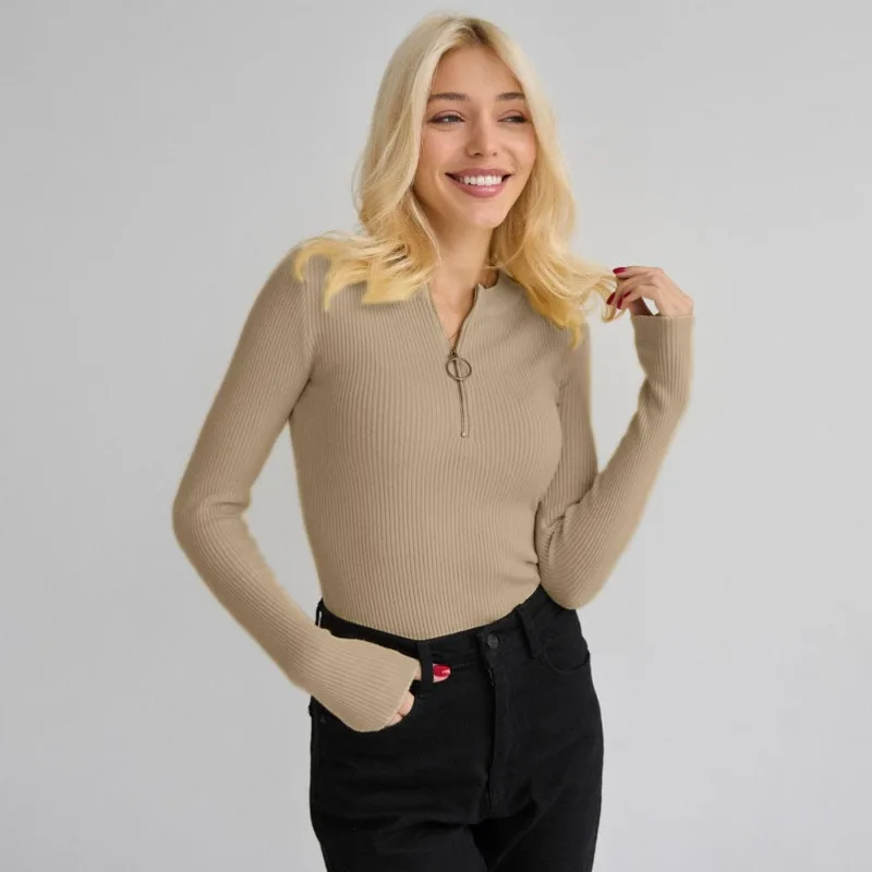 

Autumn Zipper Collar Long Sleeve Skinny Elastic Casual Top Bottoming Sweater Women Basics Knitted Shirts Warm Knitwear Pullovers