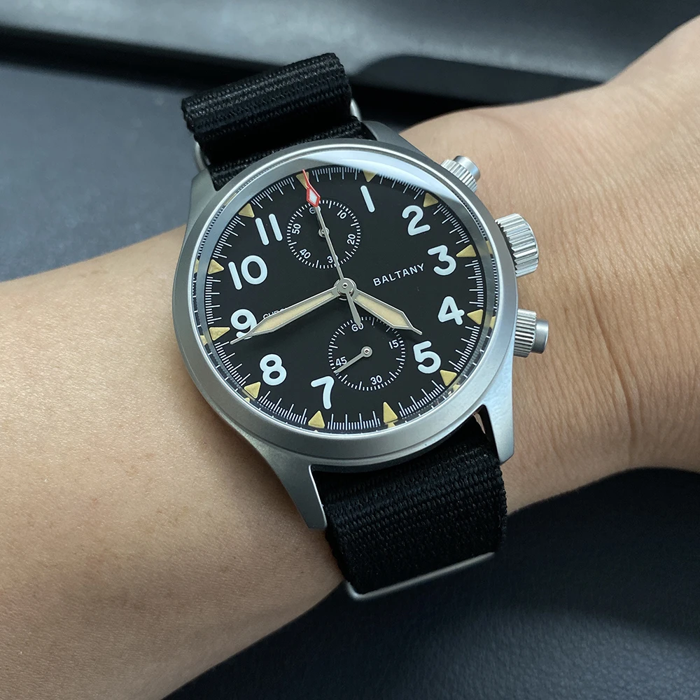 Baltany Orologio Cronografo Quarzo Stile Retrò 39mm - Nero Sportivo Impermeabile 100m